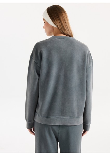 Bisiklet Yaka Nakışlı Antrasit Kadın Sweatshırt M5WL-SWT1008 fırsatları