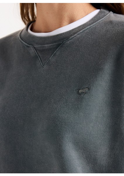 Bisiklet Yaka Nakışlı Antrasit Kadın Sweatshırt M5WL-SWT1008 indirimleri