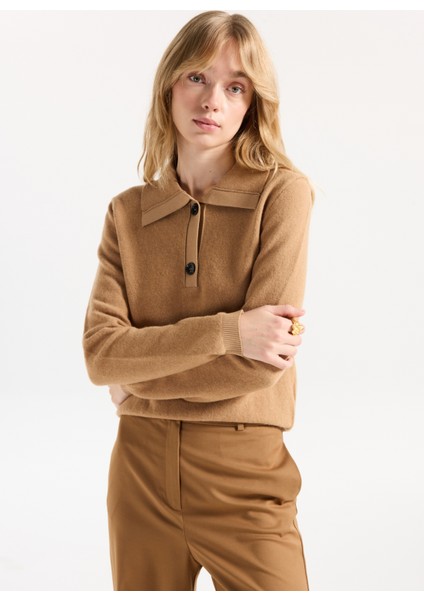 Gömlek Yaka Basic Düz Camel Kazak Kadın F5WL-KZK0001