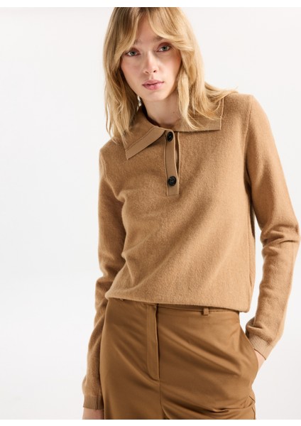 Gömlek Yaka Basic Düz Camel Kazak Kadın F5WL-KZK0001 modelleri