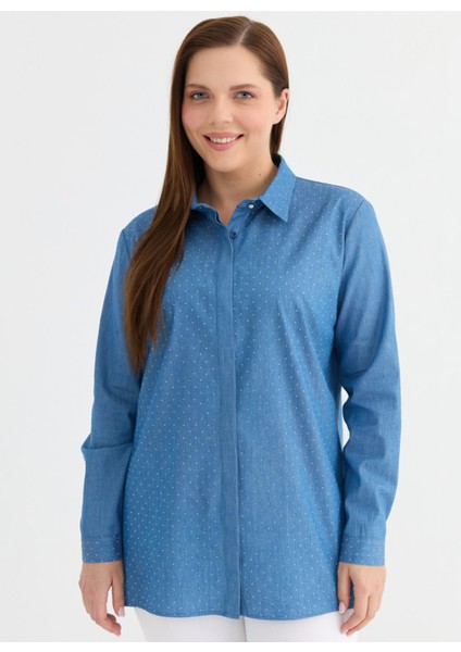 Polo Yaka Taşlı Indigo Kadın Bluz 25YSL8157