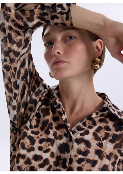 Loose Fit Gömlek Yaka Desenli Bej - Siyah Kadın Gömlek F5WL-GML0360 fırsatları