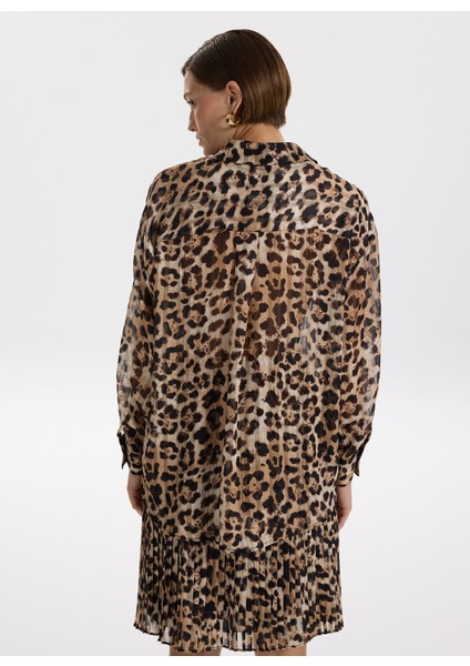 Loose Fit Gömlek Yaka Desenli Bej - Siyah Kadın Gömlek F5WL-GML0360 indirimleri