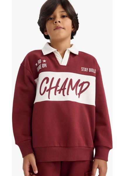 Erkek Çocuk Oversize Geniş Kalıp Polo Yaka Baskılı İçi Yumuşak Tüylü Sweatshirt G4384A825WN