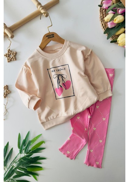 Kiraz Baskılı Kalp Detaylı Taytlı Kız Çocuk 2 li takım - Pembe