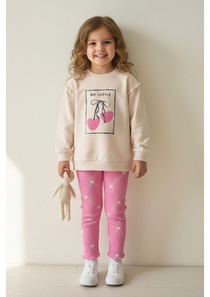 Kiraz Baskılı Kalp Detaylı Taytlı Kız Çocuk 2 li takım - Pembe fiyatları