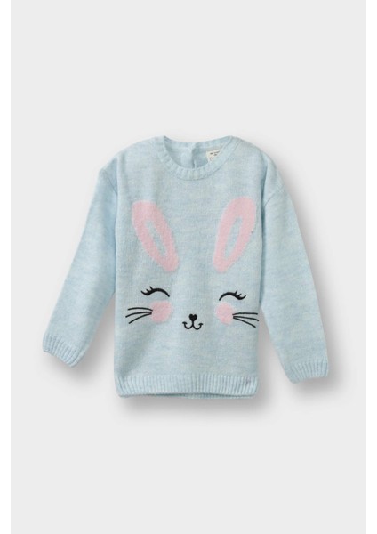 Kız Bebek Bisiklet Yaka Tavşan Baskılı Triko Kazak F2632A525WN