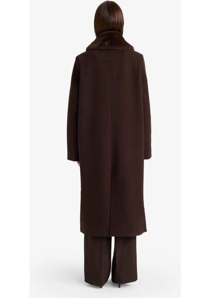 Afra x DeFacto Çıkarılabilir Suni Kürk Yaka Regular Fit Düğmeli Cepli Uzun Kaşe Kaban F5574AX25WN