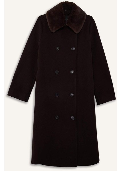 Afra x DeFacto Çıkarılabilir Suni Kürk Yaka Regular Fit Düğmeli Cepli Uzun Kaşe Kaban F5574AX25WN