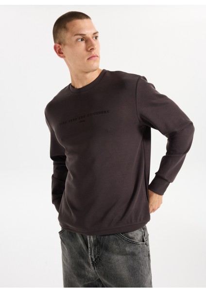 Bisiklet Yaka Baskılı Kahve Erkek Sweatshırt J5WM-SWT7276