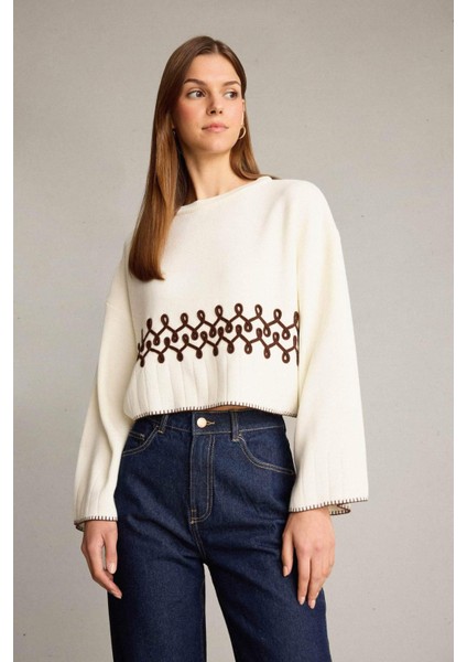 Crop Bisiklet Yaka Nakışlı Triko Kazak G6303AX25WN