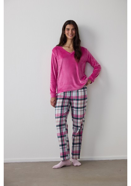 Fuşya Comfy Time Ekoseli Uzun Kollu Pijama Takımı