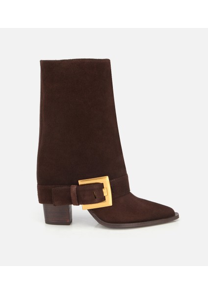 01BOH317980A480 KADIN Süet Deri Kahverengi Pantolon Görünümlü Gold Tokalı Topuklu Bot