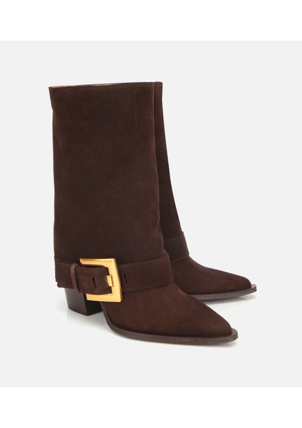 01BOH317980A480 KADIN Süet Deri Kahverengi Pantolon Görünümlü Gold Tokalı Topuklu Bot fiyatları