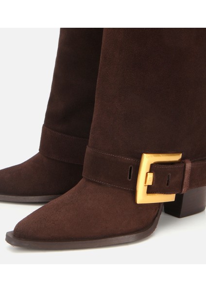 01BOH317980A480 KADIN Süet Deri Kahverengi Pantolon Görünümlü Gold Tokalı Topuklu Bot modelleri