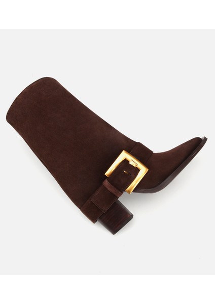 01BOH317980A480 KADIN Süet Deri Kahverengi Pantolon Görünümlü Gold Tokalı Topuklu Bot