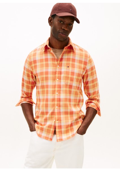 Normal Gömlek Yaka Turuncu Erkek Gömlek MW0MW414220PE_SOFT Touch Blend Chec fiyatları