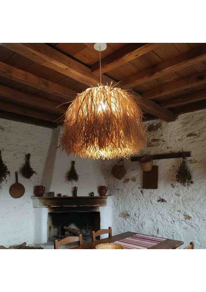 Çobanyıldızı Bohem Rafya Hasır Avize - Doğal Sarkıt Lamba 40X45 cm