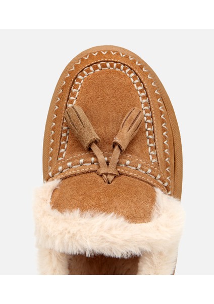 01TEH316850A340 KADIN Süet Deri Taba Içi Kürklü Püskül Detaylı Düz Terlik