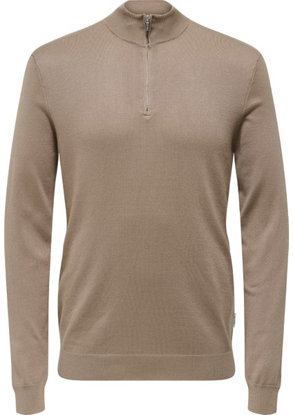 Yüksek Yaka Normal Düz Açık Kahve Erkek Kazak Onswyler Lıfe Reg 14 Half Zıp Knıt
