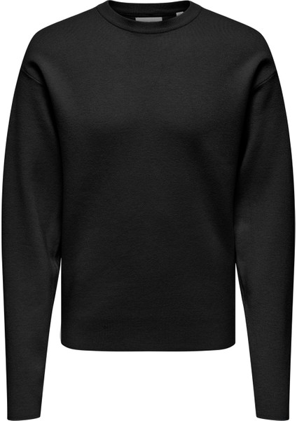 O Yaka Rahat Düz Siyah Erkek Kazak Onscooper Rlx Ls 12 Crew Knıt