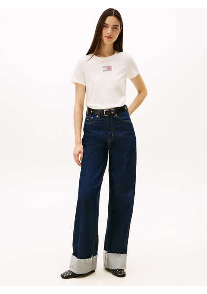 Yuvarlak Yaka Desenli Beyaz Kadın T-Shirt DW0DW21965YBH