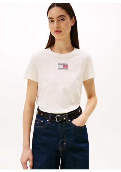 Yuvarlak Yaka Desenli Beyaz Kadın T-Shirt DW0DW21965YBH modelleri