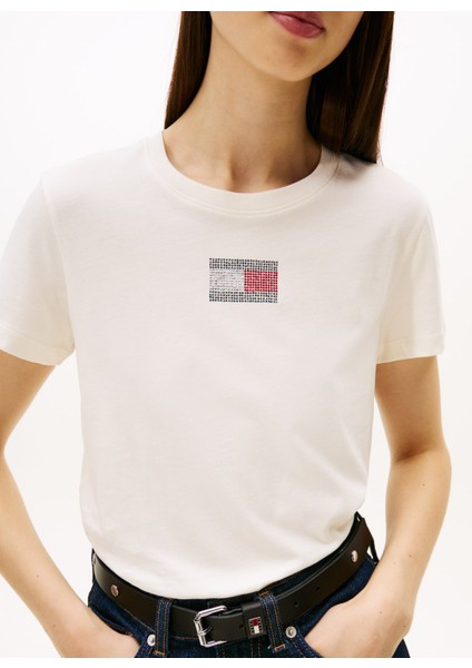 Yuvarlak Yaka Desenli Beyaz Kadın T-Shirt DW0DW21965YBH fırsatları