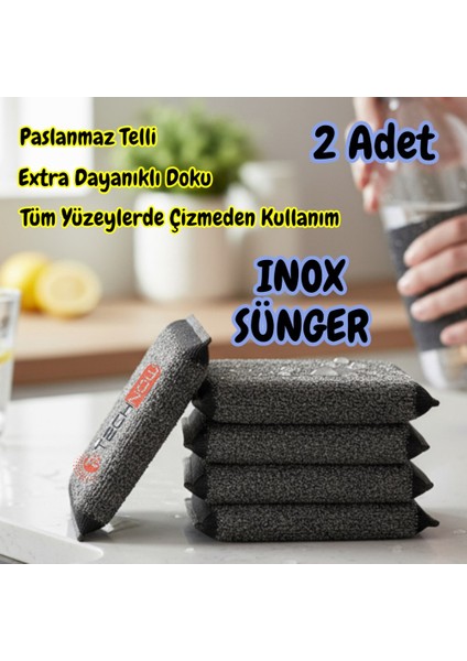 Paslanmaz Çelik Sihirli Inox Yağ ve Kir Çözücü Tel Bulaşık Süngeri 2 Adet
