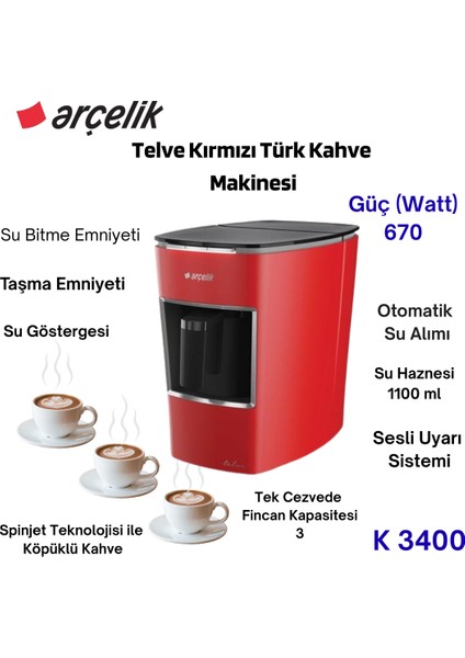 K 3400 Telve Kırmızı Türk Kahve MAKINESI+500 Gr.türk Kahvesi Hediye