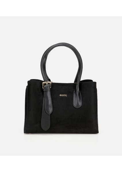 03CAH317100A100 KADIN Süet Siyah Kemer Detaylı Omuz Çantası