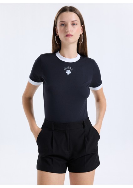 Yarım Balıkçı Yaka Baskılı Siyah Kadın T-Shirt Rose Kadın Top