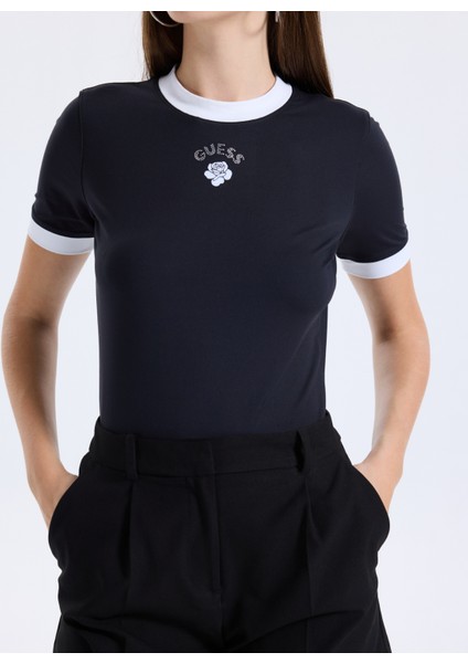 Yarım Balıkçı Yaka Baskılı Siyah Kadın T-Shirt Rose Kadın Top fırsatları