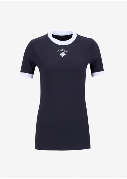 Yarım Balıkçı Yaka Baskılı Siyah Kadın T-Shirt Rose Kadın Top