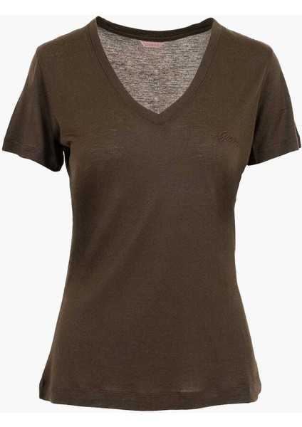 V Yaka Düz Kahve Kadın T-Shirt Vn Ss Light Kadın Top