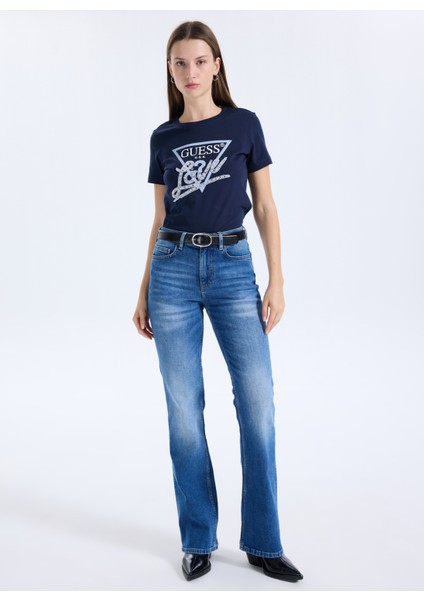 Yuvarlak Yaka Baskılı Mavi Kadın T-Shirt Pearls Kadın Regular Fit T-Shirt fiyatları