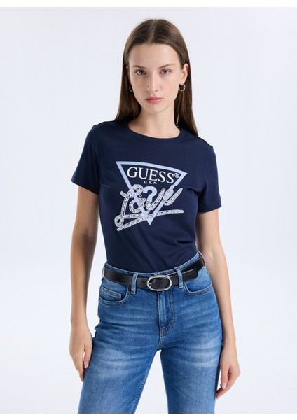 Yuvarlak Yaka Baskılı Mavi Kadın T-Shirt Pearls Kadın Regular Fit T-Shirt modelleri