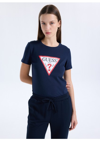 Yuvarlak Yaka Baskılı Mavi Kadın T-Shirt Original Kadın Slim Fit T-Shirt