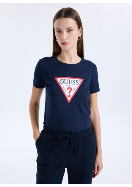 Yuvarlak Yaka Baskılı Mavi Kadın T-Shirt Original Kadın Slim Fit T-Shirt modelleri