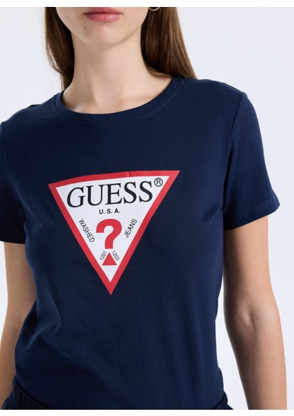 Yuvarlak Yaka Baskılı Mavi Kadın T-Shirt Original Kadın Slim Fit T-Shirt fırsatları