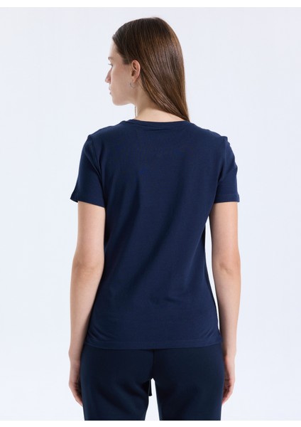 Yuvarlak Yaka Baskılı Mavi Kadın T-Shirt Original Kadın Slim Fit T-Shirt indirimleri