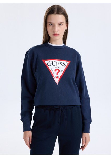 Yuvarlak Yaka Baskılı Mavi Kadın Sweatshırt Original Fleece Kadın Sweatshirt