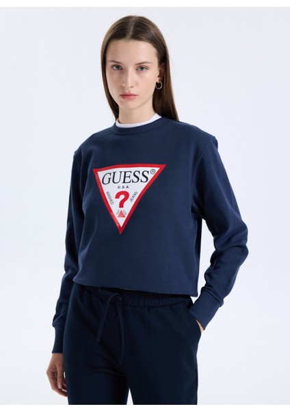 Yuvarlak Yaka Baskılı Mavi Kadın Sweatshırt Original Fleece Kadın Sweatshirt modelleri