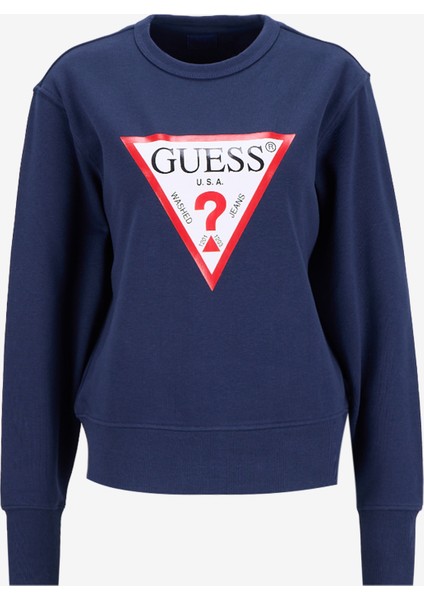 Yuvarlak Yaka Baskılı Mavi Kadın Sweatshırt Original Fleece Kadın Sweatshirt