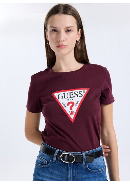 Yuvarlak Yaka Baskılı Kırmızı Kadın T-Shirt Original Kadın Slim Fit T-Shirt