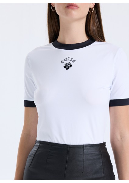 Yarım Balıkçı Yaka Baskılı Beyaz Kadın T-Shirt Rose Kadın Top fırsatları