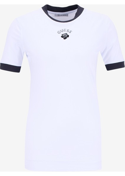 Yarım Balıkçı Yaka Baskılı Beyaz Kadın T-Shirt Rose Kadın Top