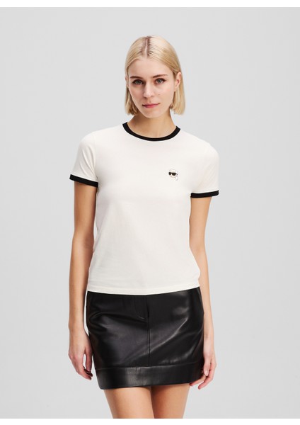 Yuvarlak Yaka Desenli Beyaz Kadın T-Shirt A3W17078