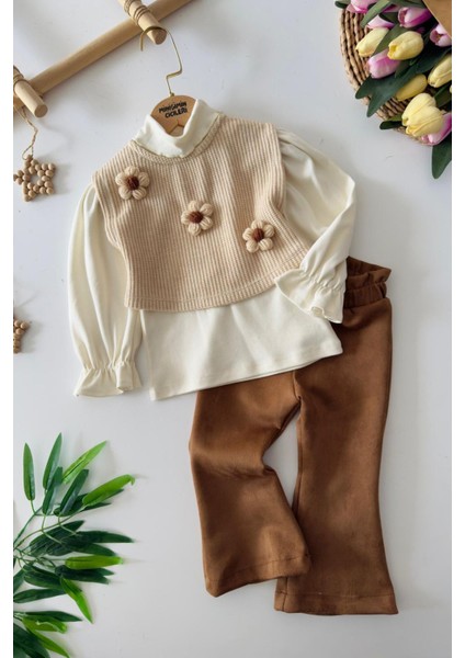 Papatya Detaylı Kadife Pantolonlu Kız Çocuk 3 lü takım - Kahverengi modelleri