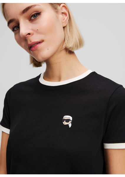 Yuvarlak Yaka Desenli Siyah Kadın T-Shirt A3W17078 modelleri